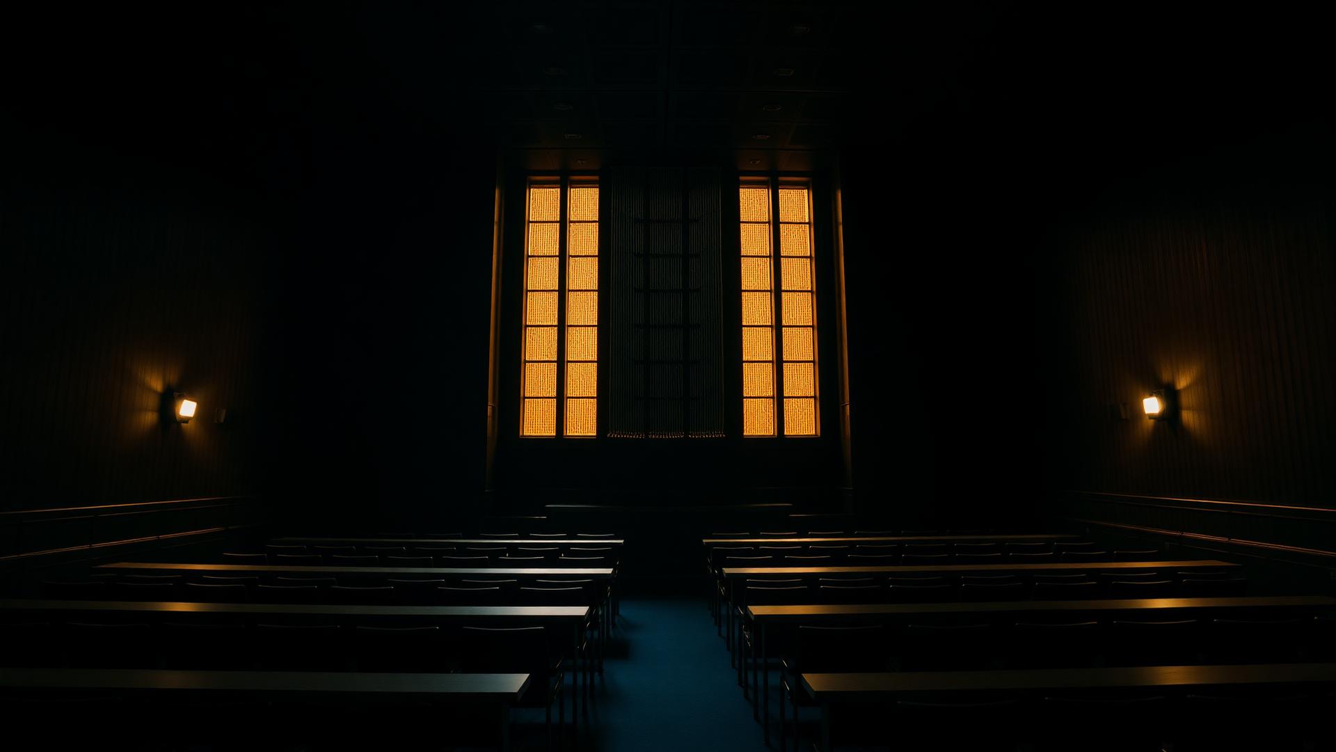 Empty courtroom at dusk