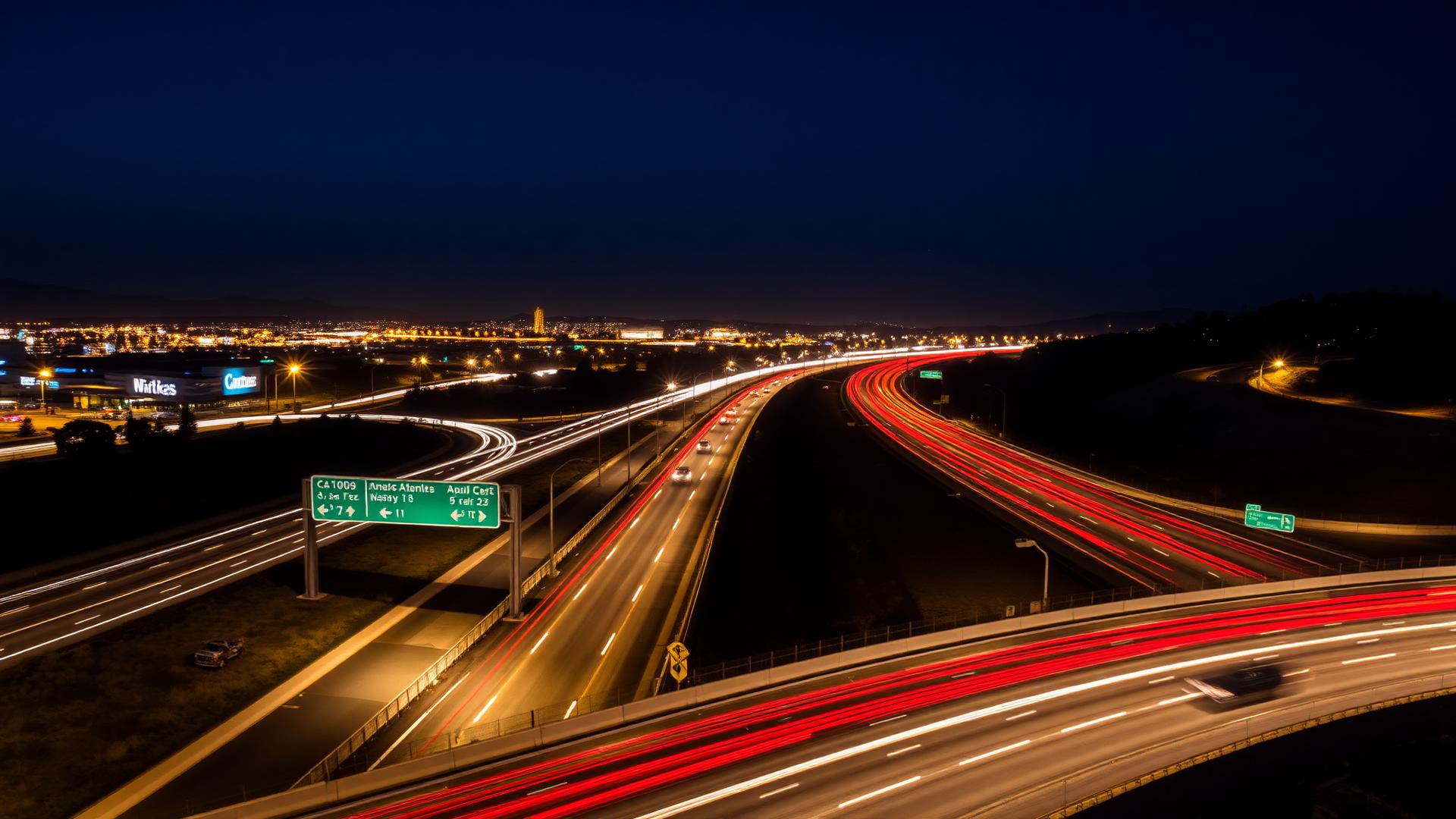 Interstate highway at dusk with light trails