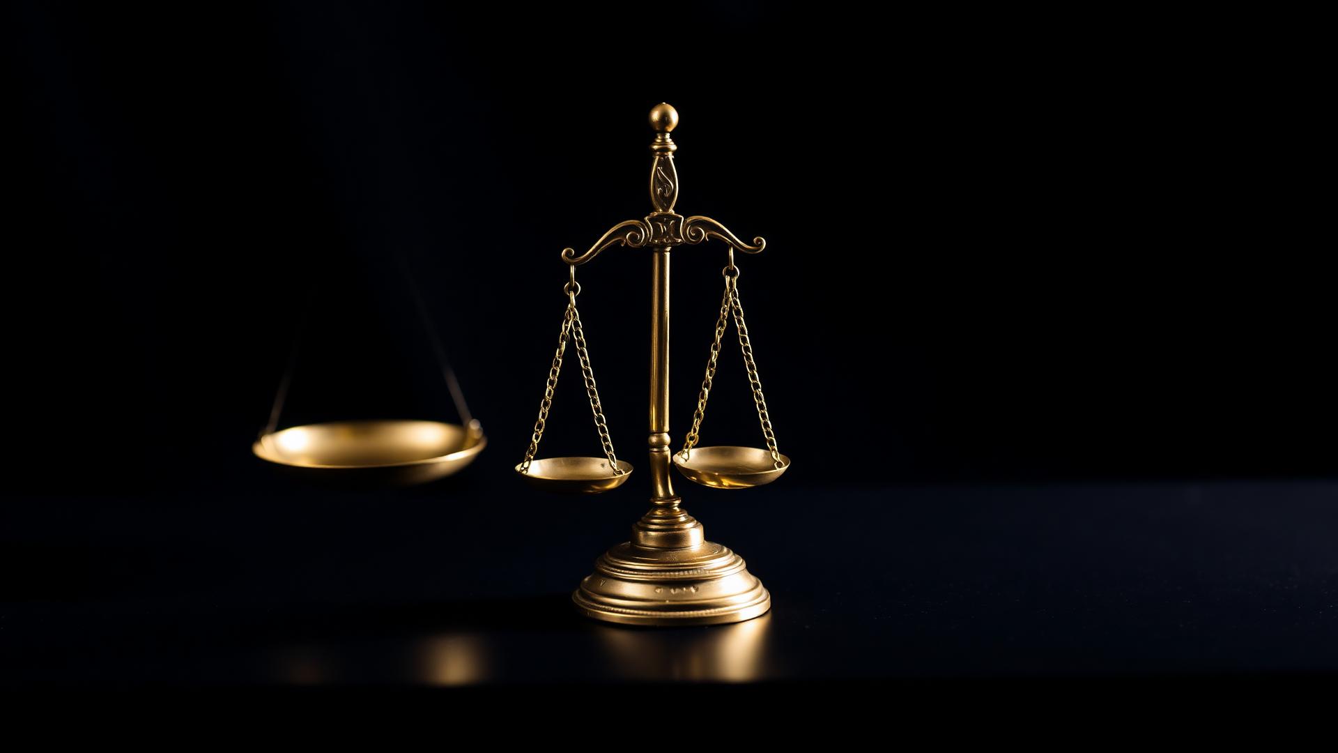 Brass scales of justice on a dark desk
